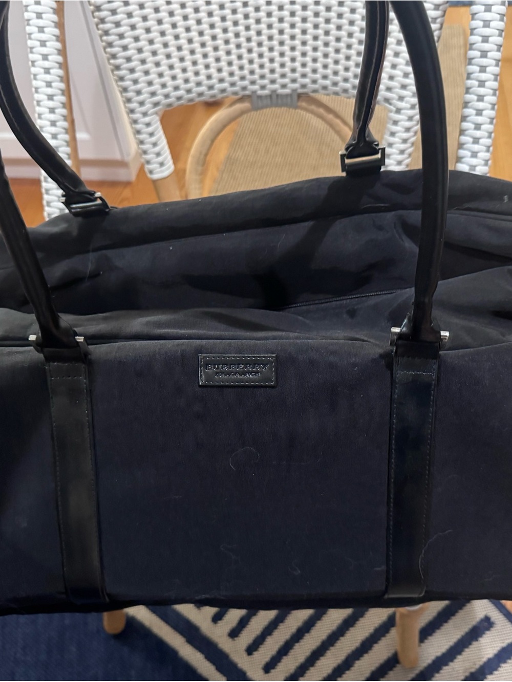 Black Designer Nylon Tote Bag with Leather Trim